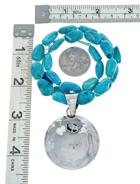 Navajo Turquoise Sterling Silver Pendant Bead Necklace X10695